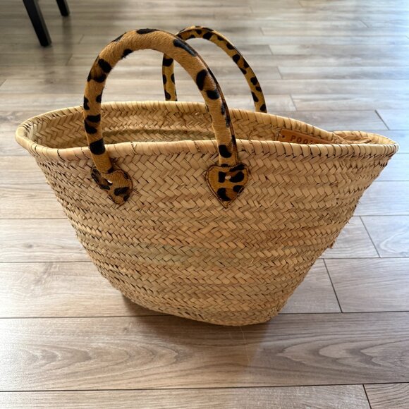 POOLSIDE Woven Beach Bag with Leather Cheetah Print Handle - Picture 5 of 7